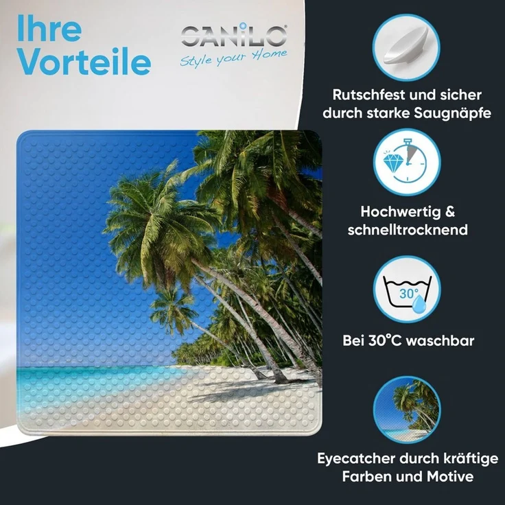 Sanilo Duschmatte, mit Motiv, rutschfest, waschbar, quadratisch, 230 extra starke Saugnäpfe, Kunststoff PVC, 53 x 53 cm, Karibik – Bild 2