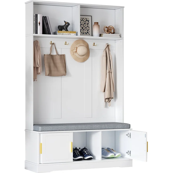 Garderobenständer mit Schuhbank, Garderobe, 6 Dreifach-Haken,freistehend, platzsparend, für Eingangsbereich,Flur, Weiß, 120×40×191cm – Bild 8