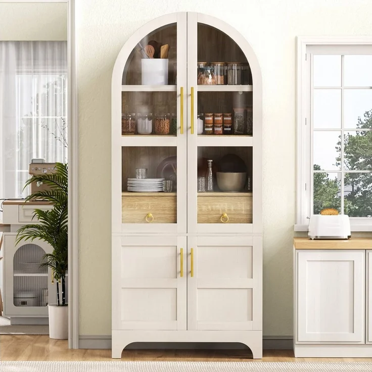Odikalo Vitrine Hochschrank mit Glastüren verstellbaren Regalböden Schublade (Highboard mit verstellbaren Regalböden und Schublade, Küchenschrank mit Riffelglas und großem Stauraum, Ideal für Esszimmer, Wohnzimmer und Küche Weiß/Schwarz) 76 × 40 × 180 cm – Bild 2