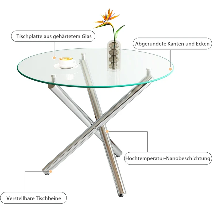 Runder Esstisch 80x80x76 cm aus Glas und Metall, silberfarben, mit stabilem Kreuzfuß – Bild 6