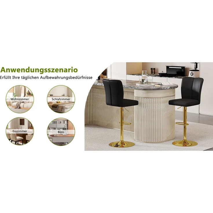 Höhenverstellbarer Barhocker im 2er-Set, 360° drehbar. Luxuriöser Barhocker im Schwarz-Gold-Design aus wasserabweisendem PU-Leder, geeignet für Kücheninseln. Verschiedene Farben erhältlich.--Schwarz + Gold--37x44x44.5cm--YOUDENOVA – Bild 4