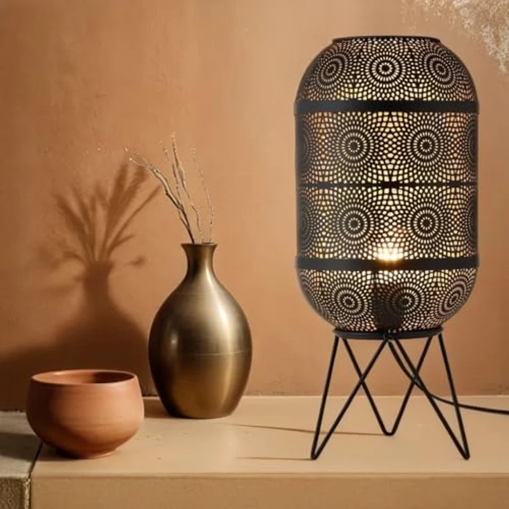 Marrakesch Tischlampe Sankos, 45 cm große Nachttischlampe aus Metall in schwarz-gold mit E27 Fassung, moderne Deko für Wohnzimmer, Schlafzimmer und Kinderzimmer – Bild 4