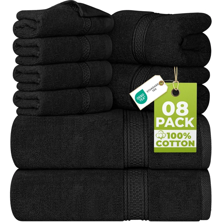 Utopia Towels 8 teilig Handtücher Set aus Baumwolle, Schwarz | 100% Baumwolle, mit Aufhänger, 2 Badetuch, 2 Handtücher, 4 Washclappen