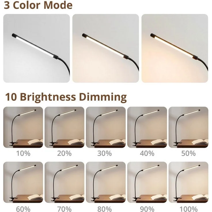 LQWELL LED Leselampe Klemmlampe Leselampe Bett, Dimmbare Klemmleuchte, LED fest integriert, 3 Helligkeitsstufen & 360° Flexible Klemme Schreibtischlampe, mit Touch-Funktion für Heimbüro – Bild 4