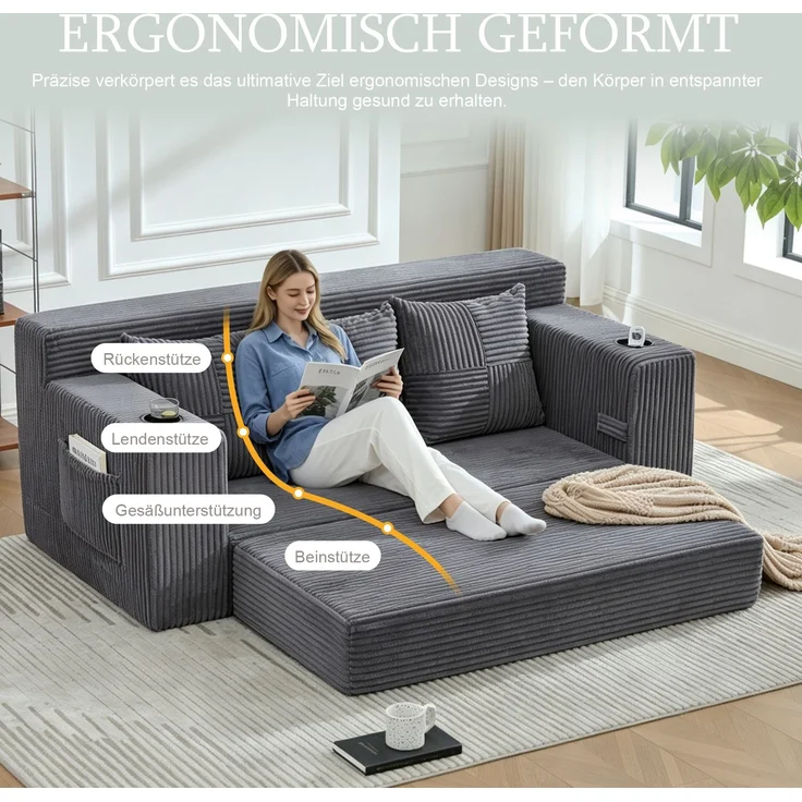 EINHOM Dreier-Sofa aus Baumwoll- und Leinenstoff, mit Getränkehalter und seitlichen Taschen, kann in drei Sitzplätze umgewandelt werden, rahmenloser Design mit gestrickten Kissen und Rückenlehne, großes Sitz – Bild 4