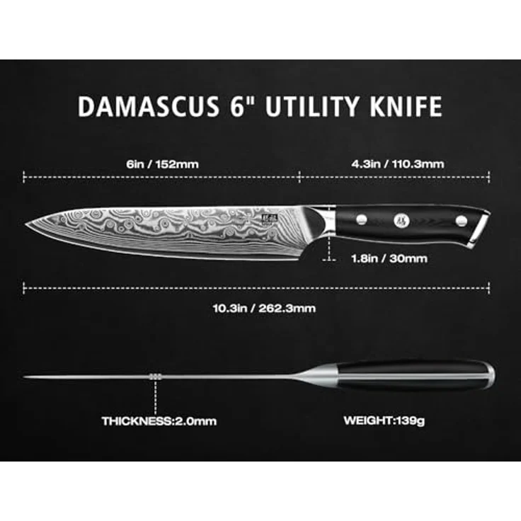 SHAN ZU Allzweckmesser 15cm, Damast Küchenmesser, Japanisches Kochmesser mit scharfer Klinge aus 67 Lagen Kohlenstoffstahl und G10-Griff - PRO Series – Bild 2
