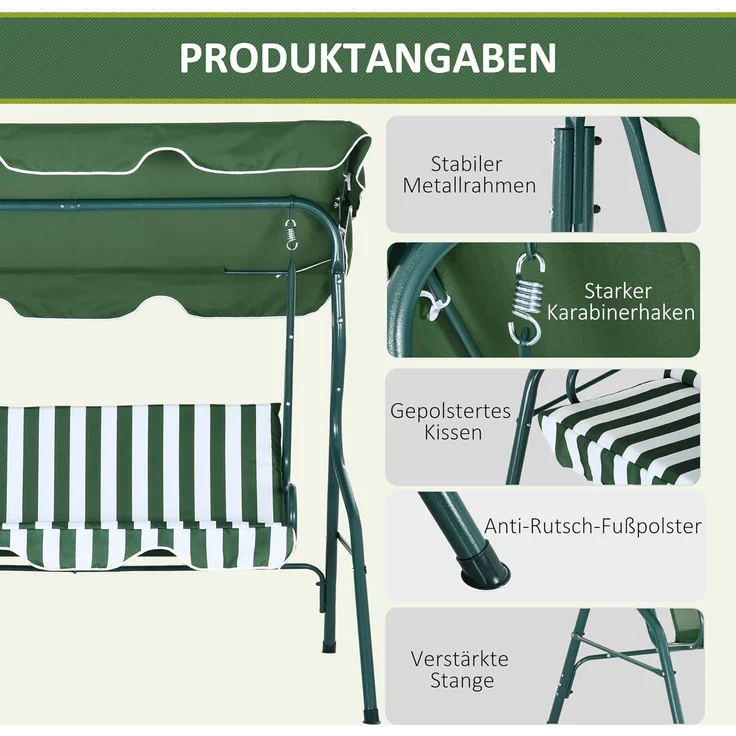 Outsunny Hollywoodschaukel Schwingbank mit Verstellbarem Sonnendach, 3-Sitzer, Relaxfunktion, Gartenschaukel, 1 tlg, Schaukelbank, Stahlrahmen, Grün 170 x 110 x 153 cm – Bild 4