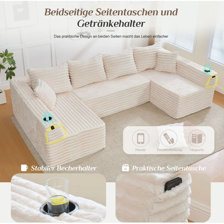 DESVIAE Sofa in U-Form mit Getränkehalter und Seitentasche 320x88x155 cm Cord Beige – Bild 6