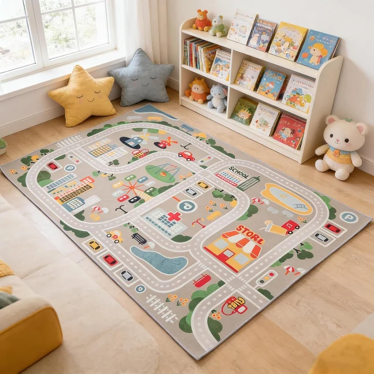 TYKTZXY Autoteppich Spielteppich Straße, Kinderteppich Jungen Straßenteppich, Bauteppich Fahrzeug Teppich Kinder, Grösse:100×180cm – Bild 1