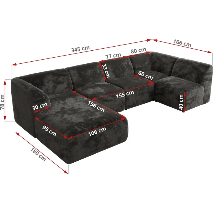Modulares XXL-Ecksofa MODARO 5M, U-Form, Wohnlandschaft, 5-teilig, freistehend, Wohnzimmer Couch, HR-Schaumstoff - Dunkelgrau Plüsch - Links – Bild 6