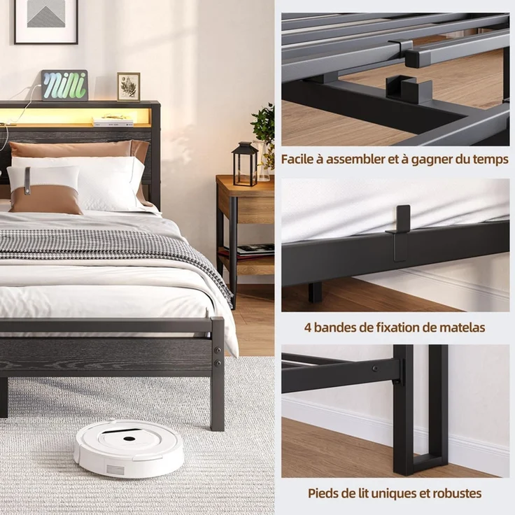 Homerecommend Metallbett 140x200 cm, Doppelbett und Jugendbett, mit LED-Beleuchtung, Steckdose und 2 USB-Anschlüssen, Vintage Schwarz – Bild 7