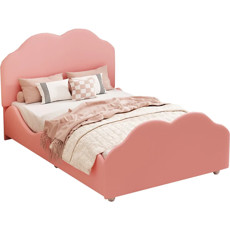 Polsterbett 90x200 cm Kinderbett aus Samt in Rosa mit Seitenschutz und wolkenförmigem Kopfteil – Bild 7