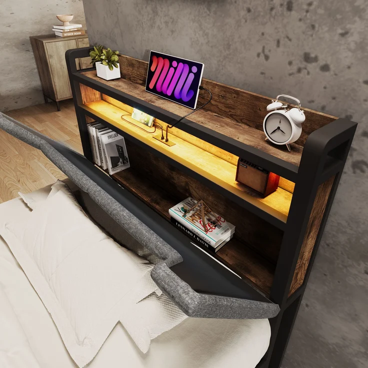 Polsterbett Leinen mit Stauraum-Kopfteil, LED & USB-Anschluss, Schublade, 91x217x110 cm, Grau, ohne Matratze – Bild 3