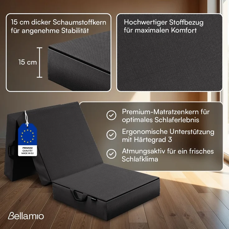 Bellamio 'Lomme' Klappmatratze 75x195 cm, 3-fach faltbar, Höhe 15 cm, Härtegrad H3, Gästematratze mit Tragegriffen, schwarz, abnehmbarer Bezug – Bild 2