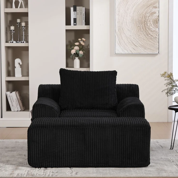 Sessel Cord mit Fußhocker, 147 x 110 x 67 cm,Relaxsessel mit Stauraumtaschen & Federkern, kein Aufbau,Schwarz – Bild 5