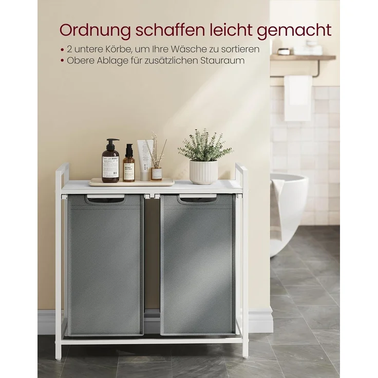 Vasagle Wäschekorb 2 Fächer, Wäschesammler mit Ablage, Wäschebox, Wäschesack aus Oxford-Gewebe ausziehbar abnehmbar, Metallrahmen, 2x46 L, 73 x 33 x 72 cm, weiß-hellgrau von Songmics – Bild 3
