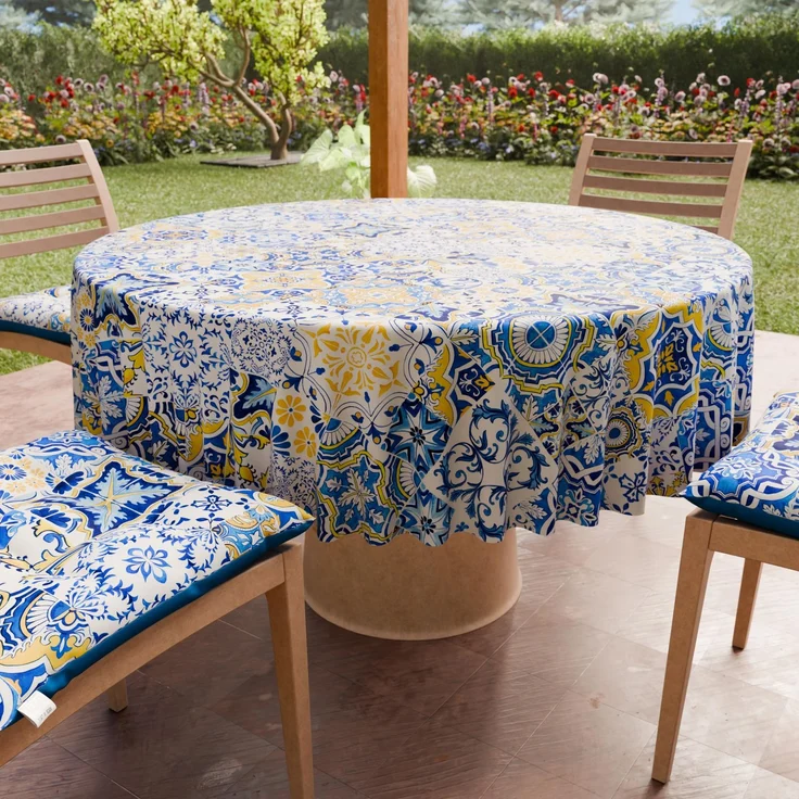 PETTI Artigiani Italiani - Schmutzabweisende runde Tischdecke aus Mikrofaser (Durchmesser 220 cm), Küchentischabdeckung für runden Tisch, Design Vietri 02, Blau, 100% Made in Italy