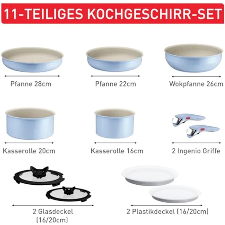 Tefal Ingenio Serenity Kochgeschirr-Set 11-teilig, Mineralia Antihaftversiegelung, platzsparend, stapelbar, für alle Herdarten, spülmaschinengeeignet, Calm Blue, L827SB04 – Bild 10