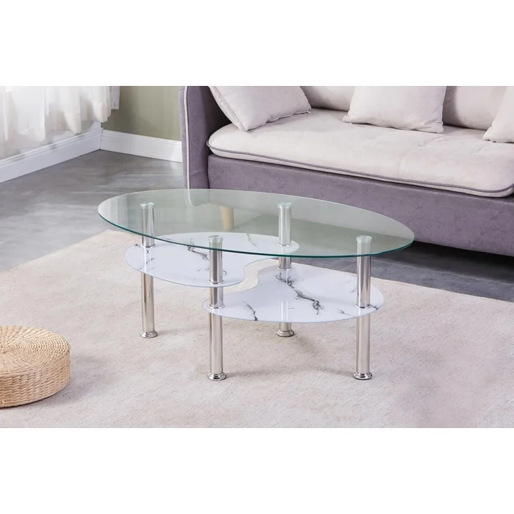 HOOZ Couchtisch HOOZ Couchtisch 98x55cm Klarglas mit Marmor weiß Ablage (Wohnzimmertisch, perfekt als Beistelltisch), Tischplatte Klarglas mit Ablage in Marmorweiß – Bild 2