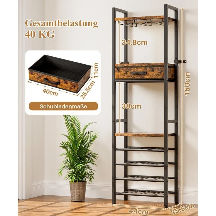 Yorbay Weinregal Vintage Design,Weinständer aus Holz& Metall für 16 Flaschen, 15 Gläser Weinregal mit Ablagefläche und Schublade, für Küche, Wohnzimmer oder als Geschenk – Bild 2