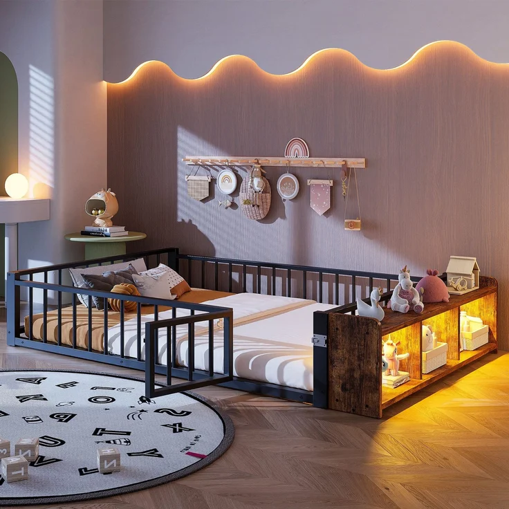 Kinderbett mit LED-Streifen, Regal, Zaun, Lattenrost und Tür, 140x200 cm, Einzelbett mit Rausfallschutz, Metallbett – Bild 3