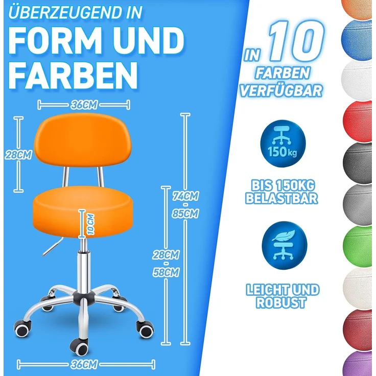 TRESKO Rollhocker Orange mit Lehne Arbeitshocker Hocker Drehhocker Kosmetikhocker Praxishocker – Bild 2