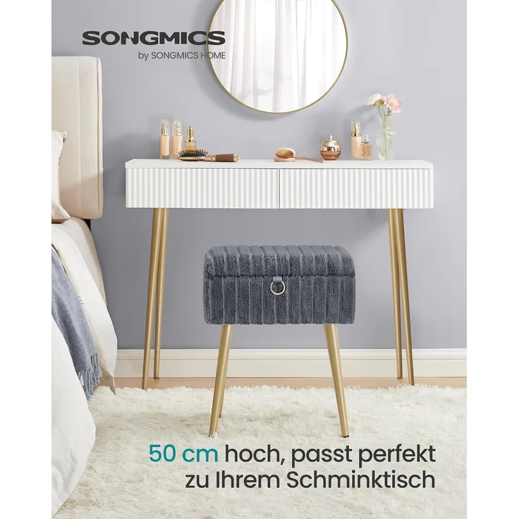 SONGMICS Schminktisch-Stuhl, Hocker mit Stauraum, Schminkhocker, Fußhocker, Metallbeine, gepolstert, verstellbare Füße, Wohnzimmer, Schlafzimmer, Ankleidezimmer, schiefergrau – Bild 3
