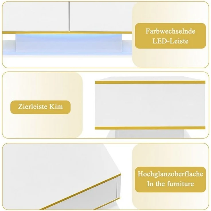 Merax Couchtisch hochglanz Sofatisch Beistelltisch mit LED-Beleuchtung (1-St), Wohnzimmertisch mit 3 Schubladen, Stauraum & Goldakzenten, 100 x 50 x 40 cm – Bild 4