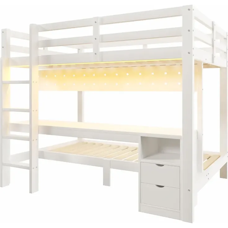 Etagenbett mit Schreibtisch, LED-Beleuchtung, Lattenrost, Wandgitter, Schubladen, Rausfallschutz, Trittleiter und Regal, 140x200 cm/90x200 cm, Kinderbett, Kiefer – Bild 6