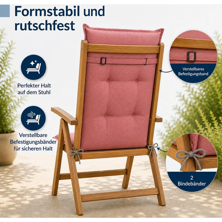 BURI 4x Auflagen Set Hochlehner für Gartenstühle 120x48x7cm Sesselauflagen Polster UV Lichtecht - Gartenstuhlauflagen Stuhlkissen mit Dicker Schaumstoff Füllung (Terrakotta) – Bild 4
