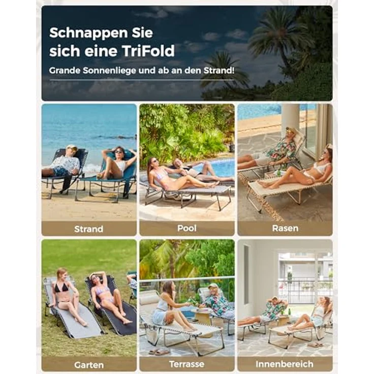 KingCamp Übergroße Sonnenliege Klappbar 5-Fach Verstellbar Gartenliege Liegestuhl Dreibeinliege Liege Campingliege mit Kopfkissen und Seitentasche bis 150 kg für Garten Urlaub Strand Pool 200x68 cm – Bild 11