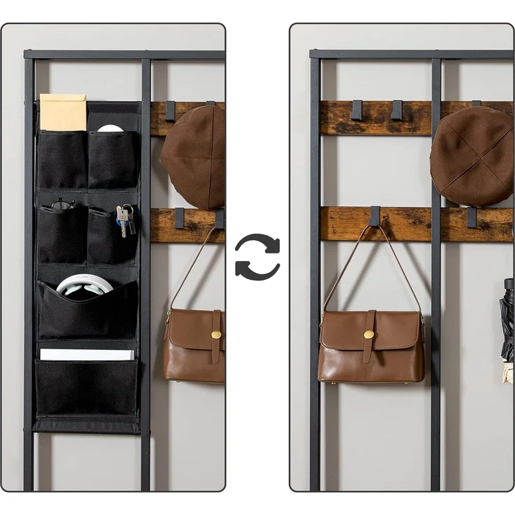 HOOBRO Garderobenständer, Garderobe, Kleiderständer mit 6 staschen und 9 Haken, Schuhregal mit Sitzfläche, Sitzbank, Viel Stauraum, für Flur, Wohnzimmer, vintagebraun-schwarz EBF24MT01 – Bild 5