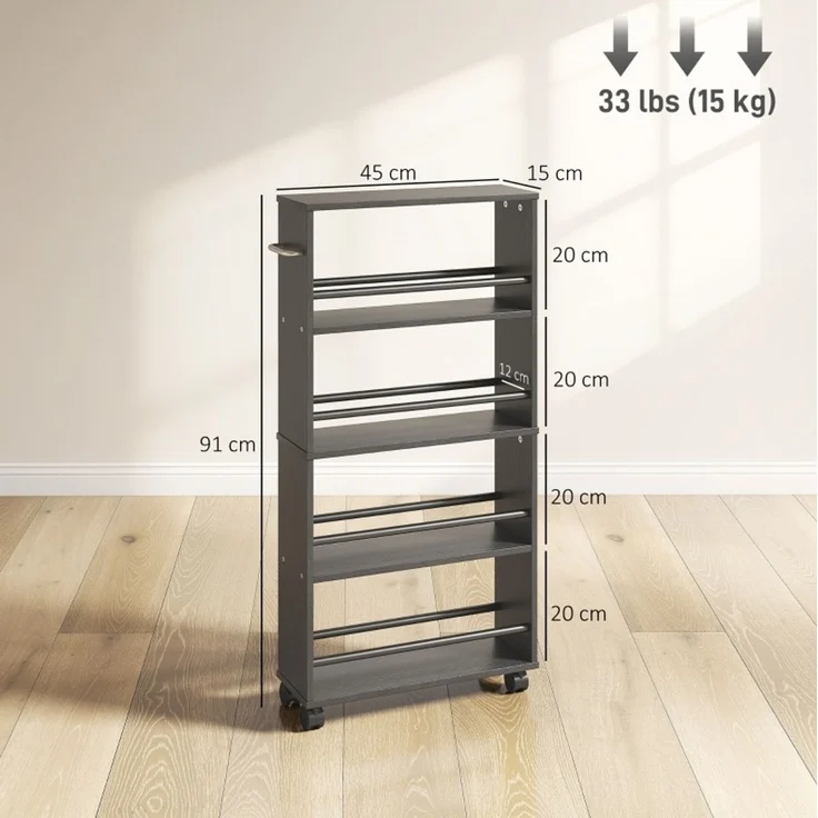 Rollwagen aus Holz mit 4 Fächern und feststellbaren Rollen, 45x15x91 cm, Schwarz – Bild 4
