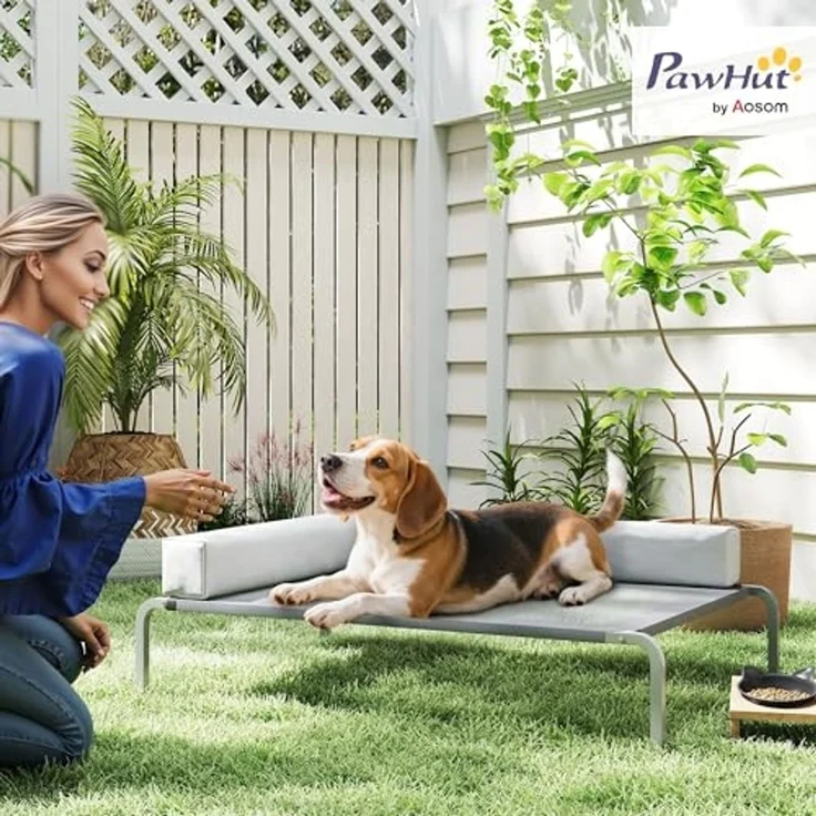 PawHut Tierbett mit L-förmige Kissen, rutschfesten Füßen, Polyester, für Mittelgroße Hunde, für Draußen Camping 110 x 75 x 30 cm, Hellgrau – Bild 2