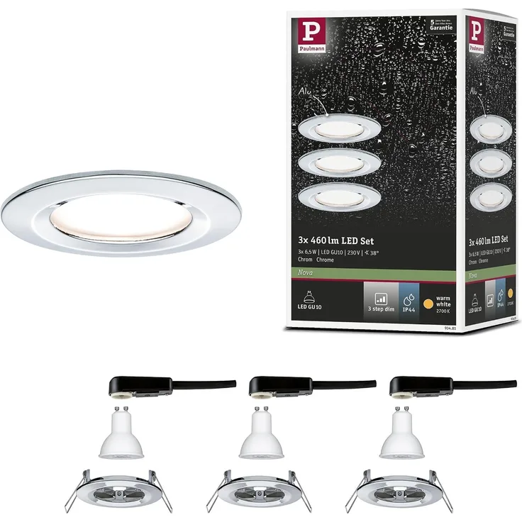 Paulmann No. 93481 LED Einbauleuchte Nova rund 6,5W GU10 Alu 3er-Set IP44 dimmbar