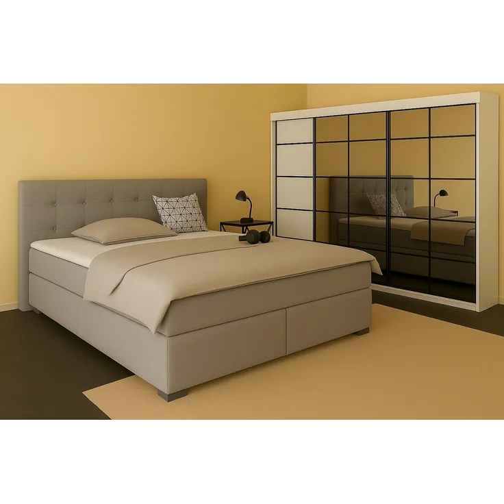 Boxspringbett TOM 180x200 cm mit Matratze und gepolstertem Kopfteil. Farbe Dunkelgrau