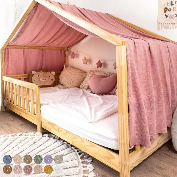 lilimaus Betthimmel Musselin Hausbett Himmel Kinderzimmer Baumwolle mit Gold, Gemütlicher Baldachin aus Baumwolle für traumhafte Kinderzimmer-Deko – Bild 1