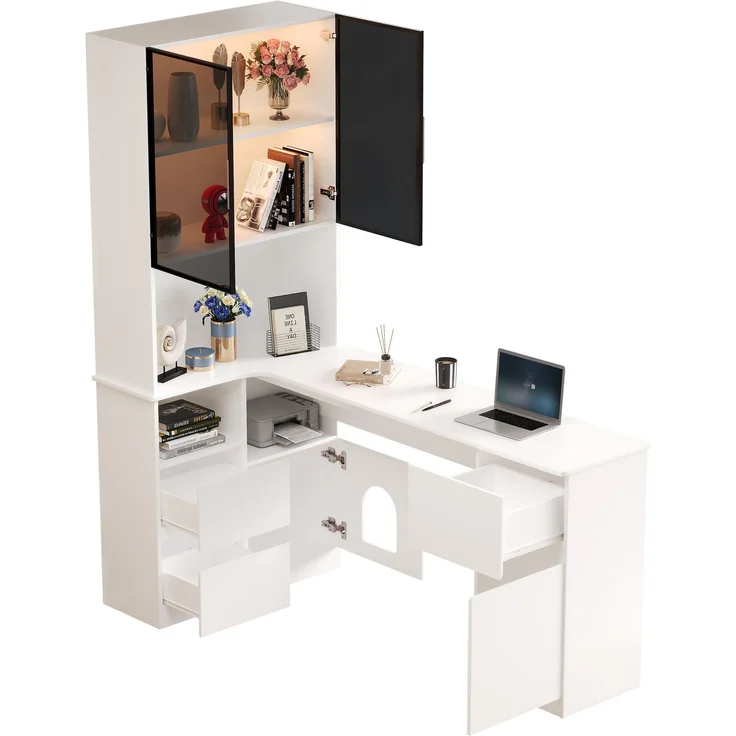 Eckschreibtisch mit Regal und LED-Vitrinenschrank 120×80×180 cm – Schreibtisch mit Kabeldurchlass, 3 Schubladen, 2 Türen, offenen Fächern & Haustierfach,Ein Eckschreibtisch mit eingebautem Bücherregal – Bild 6