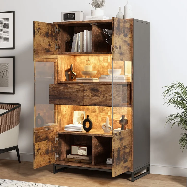 DESVIAE Vitrine mit LED-Beleuchtung, 2 Schubladen, 80x138x40 cm, MDF, Schwarz/Holzmaserung – Bild 3