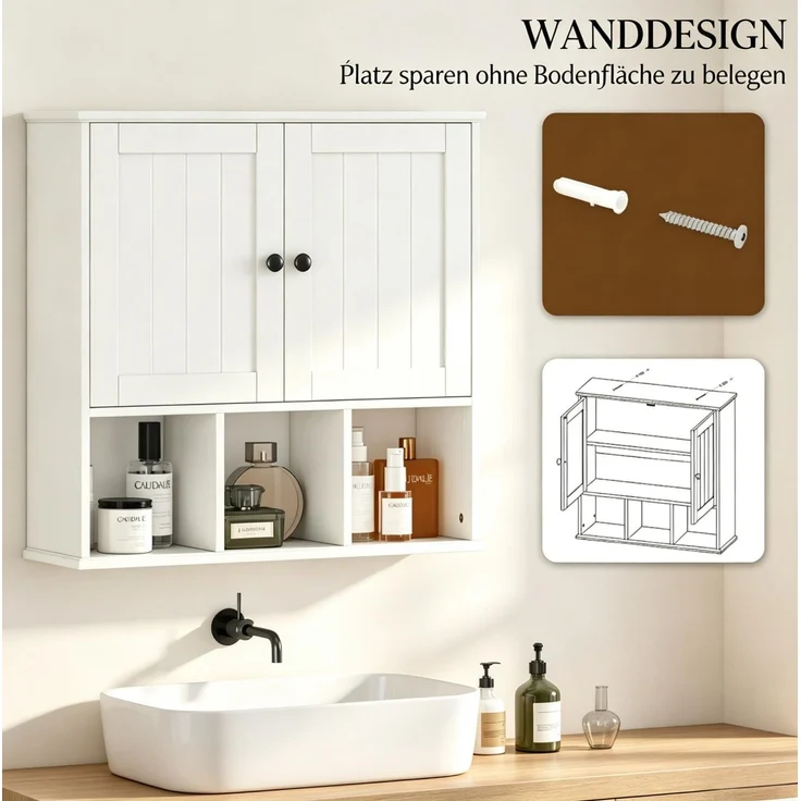 Badezimmer-Wandschrank 60 x 19,5 x 60 cm mit 2 Türen, offenen Fächern und verstellbarem Einlegeboden – Bild 3