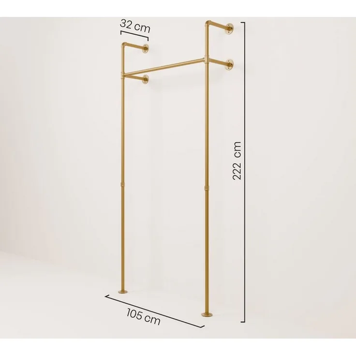 pamo. design Kleiderständer KIM Kleiderstange Wandmontage, offener Kleiderschrank, Kleiderständer, Goldener Garderobenständer im Industrial Design für Kleidung