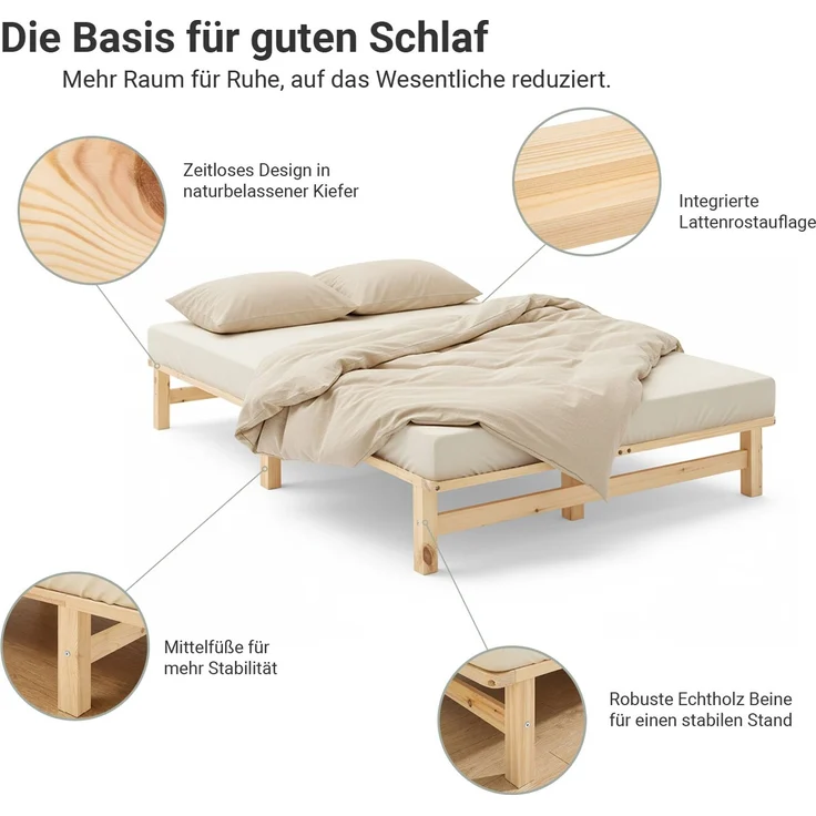 Holzbett 120x200 mit Matratze Doppelbett Holz Natur Bett Massiv Palettenbett Bettgestell Holzbettrahmen Lattenrost – Bild 4