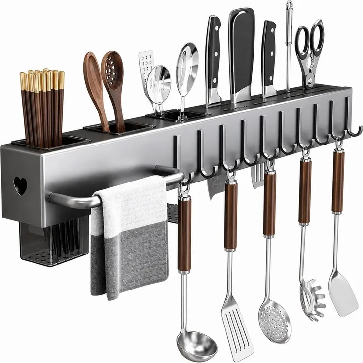 Küchenregal, Gewürzregal, Küchenorganizer, Küchenutensilien, Messerhalter mit 10 Haken