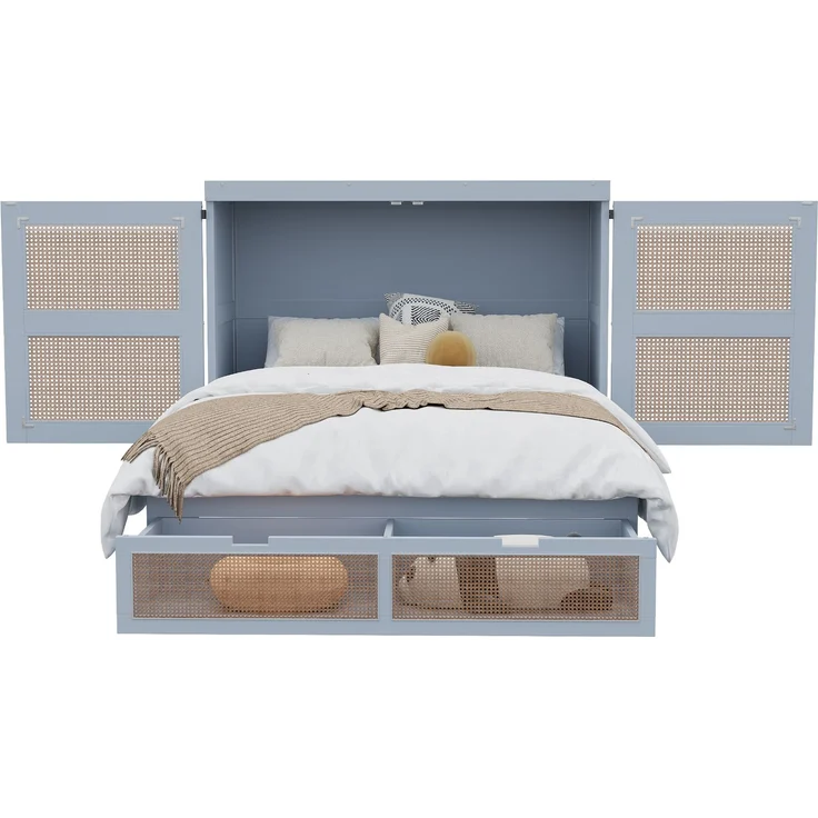 Schrankbett 140 x 200 cm, Wandbett mit Lattenrost, Wandklappbett, Vertikales schrankbett mit Lattenrost, mit Stauraumschubladen, Rattan-Design, Holzbetten, Jugendbetten, Einzelbetten, Grau – Bild 5