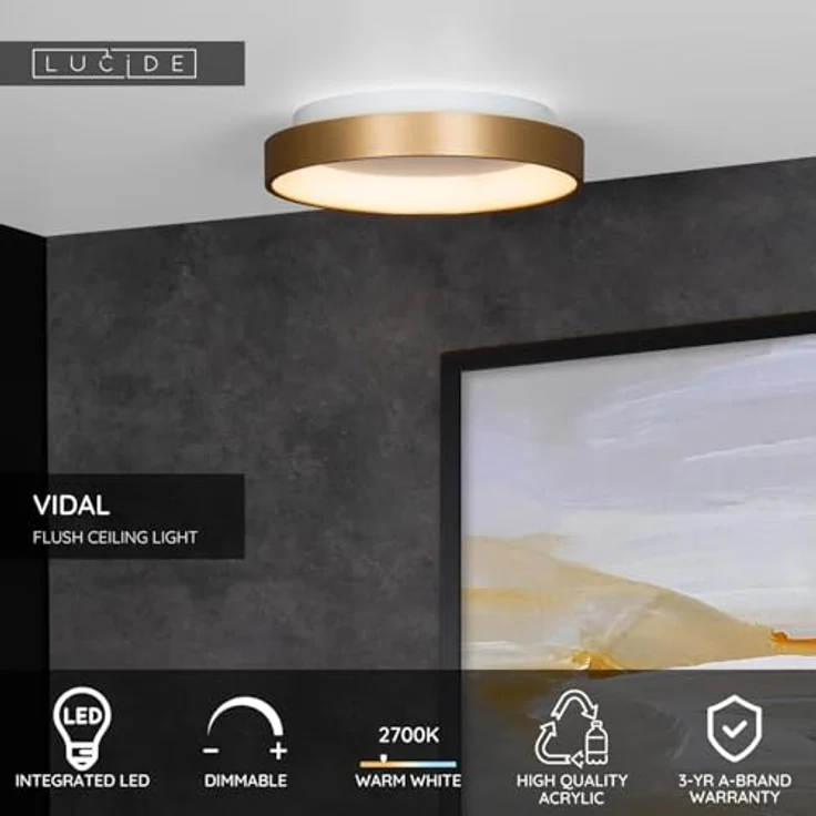 LUCIDE VIDAL Deckenleuchte, Ø 28 cm, dimmbar mit LED (1x21W, 2700K), mattes Gold/Messing – Bild 4