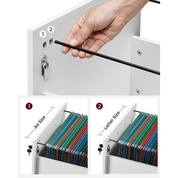 Vasagle Rollcontainer, abschließbar, Aktenschrank mit 2 Schubladen, 5 Rollen und verstellbarer Hängeregistratur, strukturierte Oberfläche, MDF, PVC, Weiß, 43,8 x 40 x 54,7 cm – Bild 4