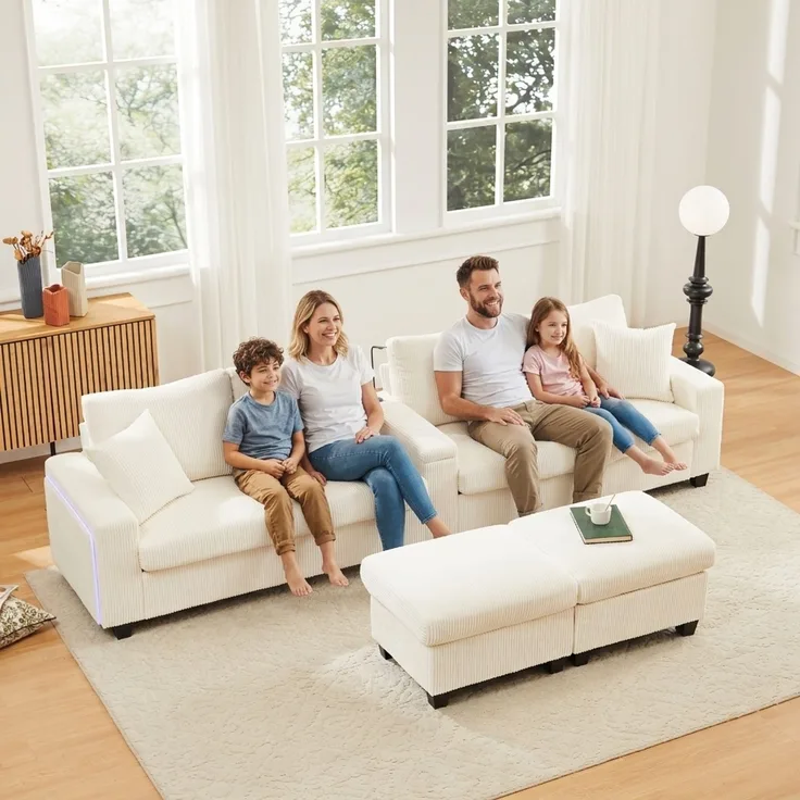 Cord-Sofa mit 2 Stauraumhockern, Leselampe, Klappkonsole, App-LED und USB-C, U-förmige Lounge-Couch mit Getränkehalter, Beige
