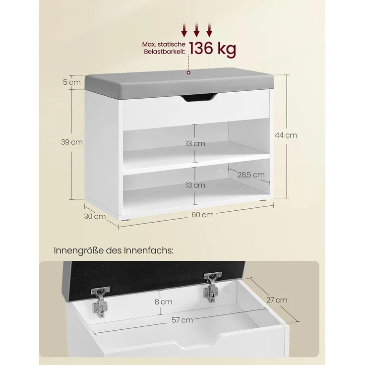 VASAGLE Schuhbank, Sitzbank, Schuhregal mit gepolstertem Kissen, Schuhorganizer mit 3 Ebenen, 30 x 60 x 44 cm, für Flur, Wohnzimmer und Schlafzimmer, wolkenweiß LHS020W01 – Bild 3