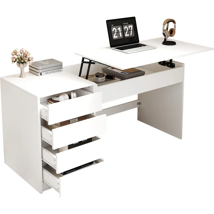 ZUBALIYA 120×50×78–92cm, höhenverstellbarer Schreibtisch mit 4 Schubladen – weißer Schminktisch und Computertisch in einem, mit manueller Höhenverstellung und verstecktem Stauraum, Schreibtisch, Schminktisch – Bild 9