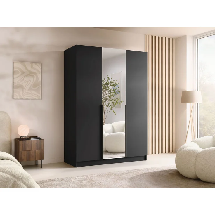 Mirjan24 'Cikzori' Kleiderschrank mit Einlegeböden und Kleiderstange, 3-türig, Laminatplatte, 215 x 58 x 150 cm, Schwarz / Schwarz, mit Spiegeltür – Bild 2